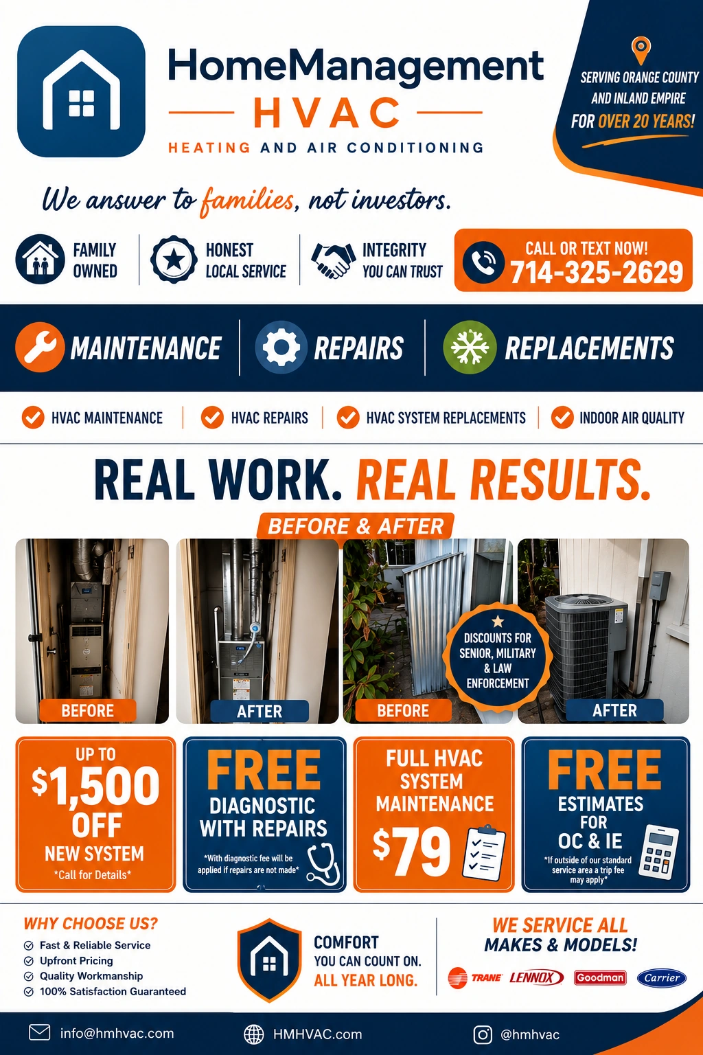 HomeManagement HVAC special offers flyer — maintenance, repairs, replacements